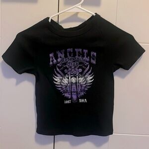 PacSun ribbed, cropped, black motorcycle graphic T shirt.